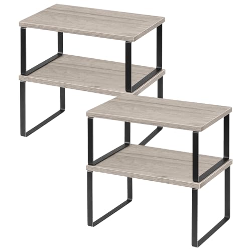 NEX Kitchen Cabinet and Counter Shelf Organizer, Shelf Riser for Pantry Countertop Cupboard Desk Top, Stackable & Expandable, Set of 4, Black and Greige | Stackable & Expandable Spice Rack, Space-Saving Pantry Organizers Bathroom Countertop Storage, Black