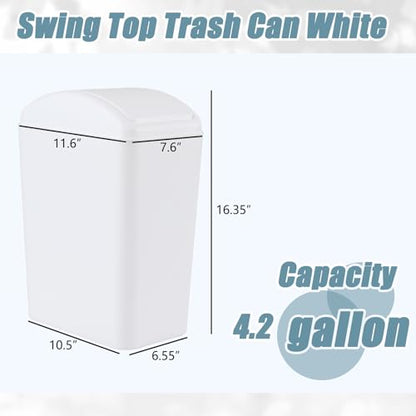 4.2 Gallon Swing Top Trash Can, Slim Plastic Wastebasket | Space-Saving Narrow Bin for Bathroom, Kitchen, Office, Easy Swing Lid, White, Lightweight and Easy to Clean - color: White