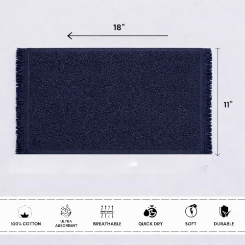 Fringed Reversible Fingertip Hand Towel (Size 11" W x 18" L) Terry Cotton Washcloth Set for Face and Bathroom use. (Navy, 3)