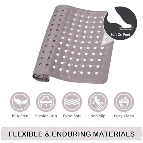 Non-Slip Bathtub and Shower Mats, Power Grip Bath Mat 35 x 16.3 Inch with Suction Cups and Drain Holes for Tub Bathroom Floor Safety, Machine Washable Soft Bathmat, Tan - color: Tan