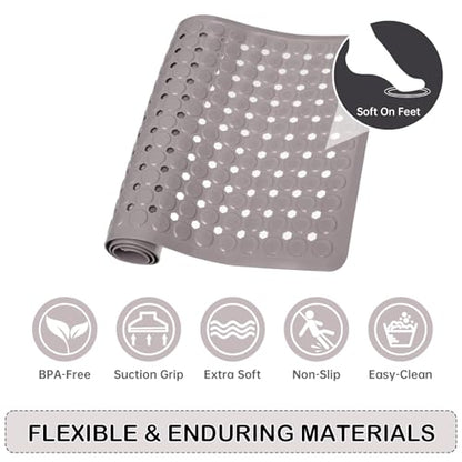 Non-Slip Bathtub and Shower Mats, Power Grip Bath Mat 35 x 16.3 Inch with Suction Cups and Drain Holes for Tub Bathroom Floor Safety, Machine Washable Soft Bathmat, Tan - color: Tan