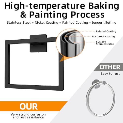 Matte Black Square Towel Ring, SUS304 Stainless Steel Hand Towel Holder for Bathroom Kitchen, Modern Style Towel Hanger, Thicken Ring Towel Holder, Towel Rack Square Wall Mounted - size: 1Pack Square