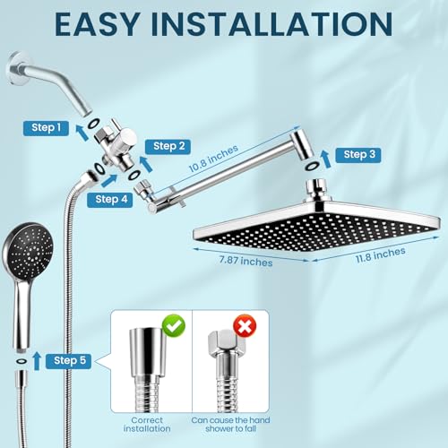 Rain Shower Head with Handheld Combo, Chrome Finish | 11.8" rainfall head, 3-mode handheld, adjustable arm, tool-free install, leak-free chrome, spa-like flow, multi-use spray - color: Chrome, style: Basic