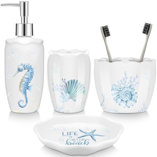 Vesici 4 Pcs Beach Bathroom Accessories, Ocean Animals Bathroom Decor, Under the Sea Tumbler, Soap Dispenser, Toothbrush Holder, Starfish Soap Dish for Ocean Beach Theme Decoration