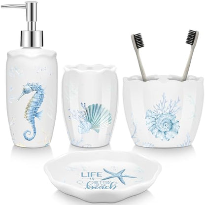 Vesici 4 Pcs Beach Bathroom Accessories, Ocean Animals Bathroom Decor, Under the Sea Tumbler, Soap Dispenser, Toothbrush Holder, Starfish Soap Dish for Ocean Beach Theme Decoration