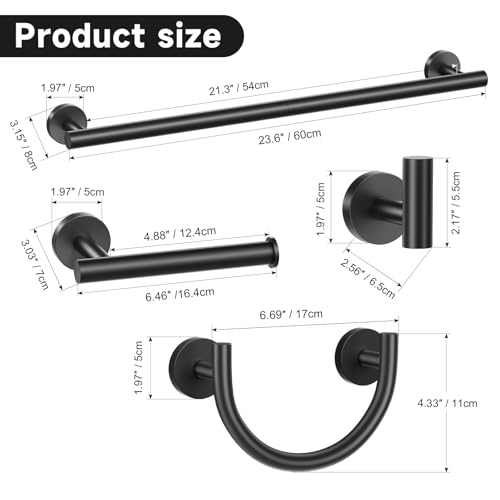 Matte Black Towel Bar Set, 5-Piece Bathroom Hardware Set with Smiley Face Towel Rings, Stainless Steel Wall-Mounted Towel Rack Set 23.6 Inch - color: Black