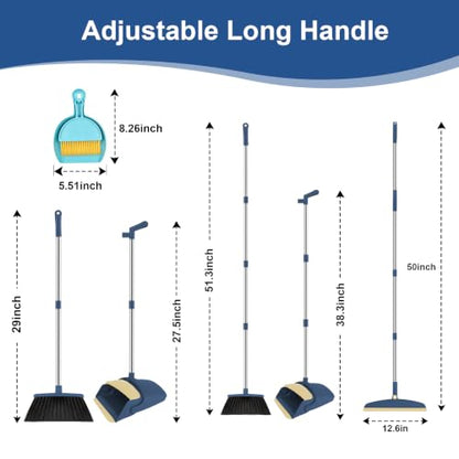 Broom and Dustpan Combo Set, 51" Long Handle with Squeegee & Mini Set | Blue Complete Cleaning Kit, Floor Squeegee for Wet & Dry Messes, Built-in Comb Dustpan, Mini Broom Set，for Home & Pet Areas - color: Blue