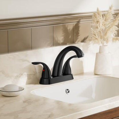 4 Inch 2 or 3 Holes 2 Handles Centerset Matte Black Lead-Free Bathroom Sink Faucet, Bathroom Faucet with Copper Pop Up Drain and Water Supply Lines, BF008-5-MB - color: Matte Black, style: 1 Pack