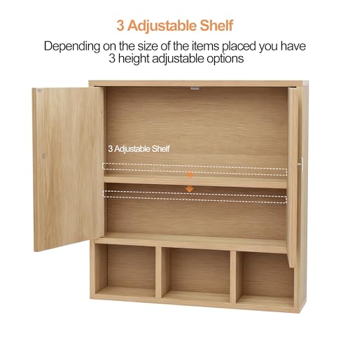 Bathroom Wall Cabinet,Wooden Medicine Cabinet with Fluted Doors Over The Toilet Storage Cabinet with Adjustable Shelf for Bathroom (Wood) - color: Wood Block
