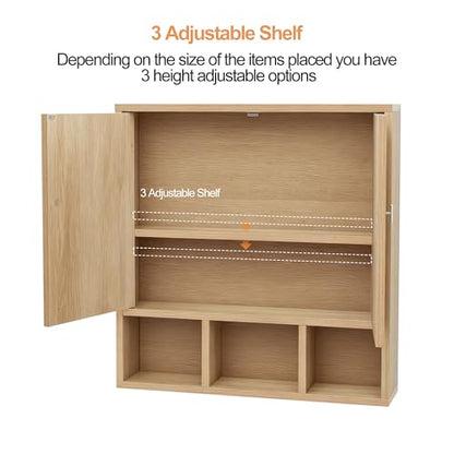 Bathroom Wall Cabinet,Wooden Medicine Cabinet with Fluted Doors Over The Toilet Storage Cabinet with Adjustable Shelf for Bathroom (Wood) - color: Wood Block