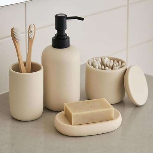 Ava Nord Modern Minimalist Ceramic Bathroom Accessories - Set of 4 - Cream | Soap Dispenser + Toothbrush Holder + Soap Dish + Cup, Aesthetic Scandinavian Design, Home Decor, Scratch Resistant, Durable - color: Cream