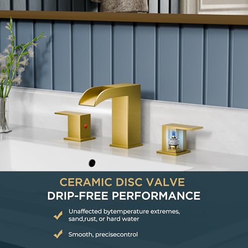 QFN Waterfall Bathroom Faucet 3 Hole 8" Widespread Brushed Gold 2 Handle | Bathroom Sink Faucet Lead-Free with Pop-up Drain and Supply Lines, Fits 4-12 Inch 3 Hole Install, for Vanity Laundry Restroom - color: Brushed Gold, style: Waterfall