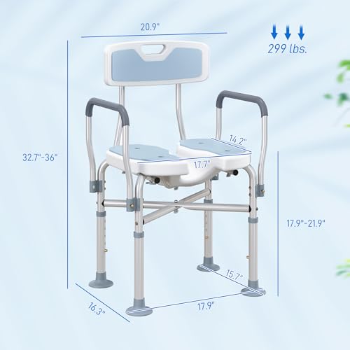 HOMCOM Padded Shower Chair with Arms and Back for Seniors, Light Blue | HDPE, Adjustable Height, Anti-slip, Tool-Free Assembly, Bath Seat, Shower Bench, for Disabled