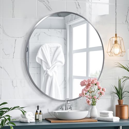 28inch Sliver Round Mirror,Aluminum Brush Framed,Wall Mounted Vanity Mirror,5MM Copper Free Mirror - size: 28"L x 28"W