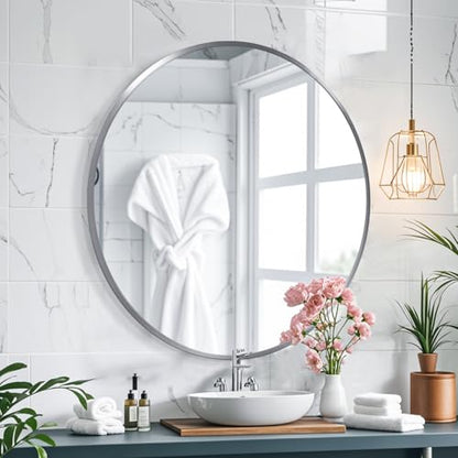 28inch Sliver Round Mirror,Aluminum Brush Framed,Wall Mounted Vanity Mirror,5MM Copper Free Mirror - size: 28"L x 28"W