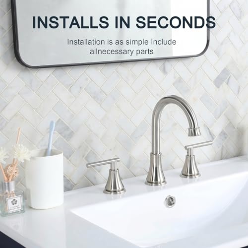 COMLLEN Brushed Nickel Bathroom Faucet 3 Hole Vanity,360 Degree Rotating Spout, 2 Handle 360° Swivel Brushed Nickel 8 Inch Widespread Bathroom Sink Faucet 3 Holes, with Pop-up Drain, Supply Lines - color: Brushed Nickel
