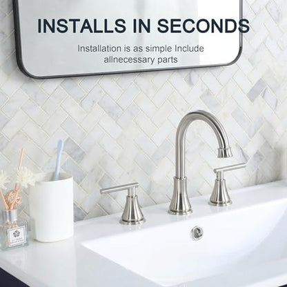 COMLLEN Brushed Nickel Bathroom Faucet 3 Hole Vanity,360 Degree Rotating Spout, 2 Handle 360° Swivel Brushed Nickel 8 Inch Widespread Bathroom Sink Faucet 3 Holes, with Pop-up Drain, Supply Lines - color: Brushed Nickel