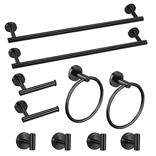 Cilee 10 Piece Matte Black Bathroom Accessories Set, 24 inch Towel Bar Set | Black Towel Bar Ring + Toilet Paper Holder + Robe Towel Hook, Stainless Steel Bathroon Hardware Set - color: Black, size: 24inch