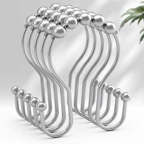 AmazerBath Shower Curtain Hooks, Shower Curtain Rings, Metal Chrome Shower Curtain Hooks Rust Proof, Smooth Glide Double Shower Hooks for Shower Curtain, Shower Rod Hooks 12Pcs - color: Chrome, style: Double Shower Hooks