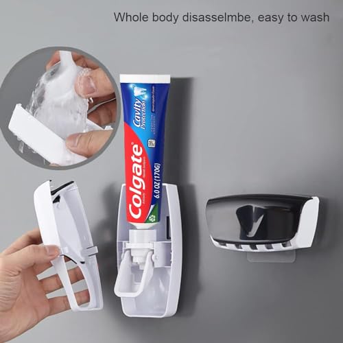 Automatic Toothbrush Dispenser Wall Mount Toothpaste Squeezer and Toothbrush Holder Set for Kids Family Bathroom Use (Black)