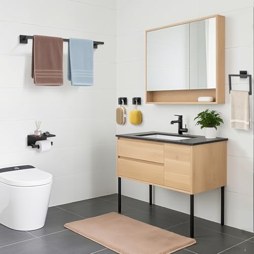 TURS 5-Pieces Matte Black Bathroom Hardware Accessories Set 23.6" Towel Bar Set Wall Mounted Square Toilet Paper Holder with Shelf Stainless Steel - color: Matte Black