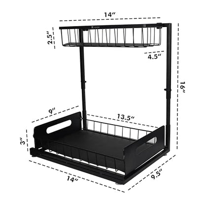 Height Adjustable 2-Tier Under Sink Organizer with 3 Hooks – Kitchen Sink Cabinet Storage Rack, Expandable Sink Caddy for Kitchen, Bathroom & Pantry - color: Black
