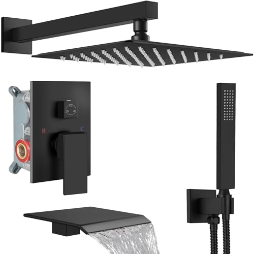 Midanya Shower System with Tub Spout,Bathtub Shower Faucet Set with Square Rainfall Head and Handheld Sprayer Wall Mount Tub Faucet Set with Valve and Trim Kit,12 Inch Matte Black - color: Matte Black, size: 12 Inch