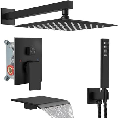 Midanya Shower System with Tub Spout,Bathtub Shower Faucet Set with Square Rainfall Head and Handheld Sprayer Wall Mount Tub Faucet Set with Valve and Trim Kit,12 Inch Matte Black - color: Matte Black, size: 12 Inch