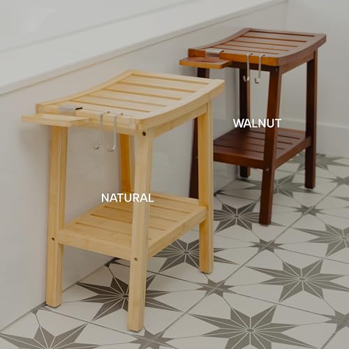 Bamboo Shower Bench for Inside Shower – Waterproof Bathroom Spa Seat with Shelf, Hooks & Soap Tray – Wood Shower Stool for Shaving, Sauna, or Small Bathroom – Natural