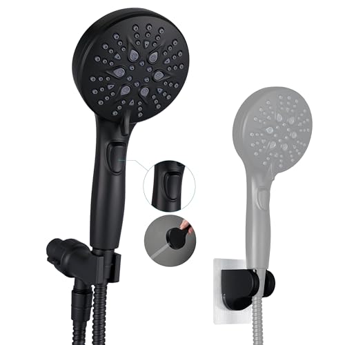 GwernKB Handheld Shower Head with ON OFF Switch & 79in Stainless Steel Hose | Built-in Power Spray,7-Setting High Pressure Spray with Bracket & Extra No Drilling Wall Shower Holder for Lower Mount,Black - color: Matte Black