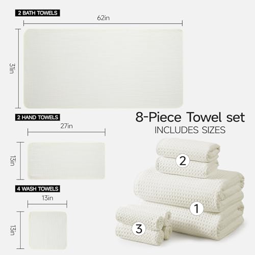 REDKISS Soft 8 Piece Waffle Towel Set, Microfiber, Lighter Weight, Absorbent, Quick Dry, Lint Free Bath Towels for Bathroom, Spa & Hotel – 2 Bath, 2 Hand, 4 Washcloths, Cream - color: Cream