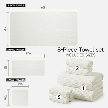 REDKISS Soft 8 Piece Waffle Towel Set, Microfiber, Lighter Weight, Absorbent, Quick Dry, Lint Free Bath Towels for Bathroom, Spa & Hotel – 2 Bath, 2 Hand, 4 Washcloths, Cream - color: Cream