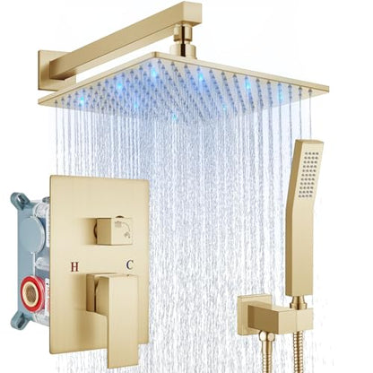 Aolemi Shower Faucet Set with Valve Handheld 10" LED Head Brushed Gold | Handheld Spray,10 Inch Rain LED Head,Valve and Trim Kit,All Metal,Wall Mount Shower System,Bathroom Mixer - color: Gold, size: 10 Inch LED Shower Head
