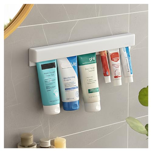 Toothpaste Holder Wall Mounted, Extra Large Tooth Paste Holder for Bathroom | JM.JEEMI Face Cream & Cosmetic Tubes Hanger, Wall Tube Organizers Gripper with 3 Toothpaste Squeezers - Adhesive, White - size: X-Large