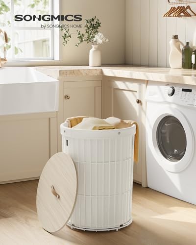SONGMICS Laundry Hamper with Lid, Round, 25 Gallons (95 L) | Laundry Basket, Versatile, Large Capacity, Removable Fabric Liner, Cream, STOUT Collection ULCB160W01
