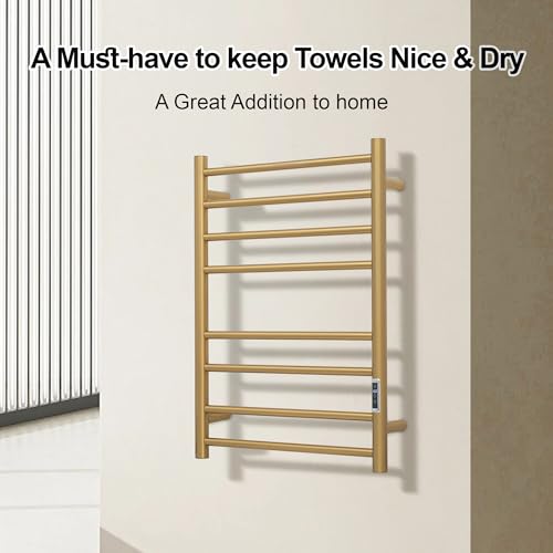 Electric Heated Towel Warmer - Wall Mounted Bathroom Towel Rack, Plug-in Design & Gold Brushed Stainless Steel Finish 8 Bar Gold with Timer & Temperature Control - color: Gold With Timer 8 Bar Etw44-2, size: 8 Bar