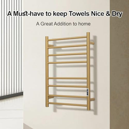 Electric Heated Towel Warmer - Wall Mounted Bathroom Towel Rack, Plug-in Design & Gold Brushed Stainless Steel Finish 8 Bar Gold with Timer & Temperature Control - color: Gold With Timer 8 Bar Etw44-2, size: 8 Bar