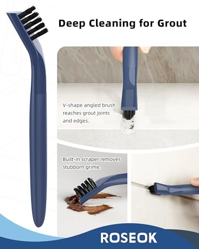 ROSEOK Grout Cleaner Brush Set, Detail Cleaning Brush Set, Nylon Bristles | Crevice Scrub Brushes, Deep Clean Brush Set for Edge, Tile, Sink, Corners, Drains, Blue
