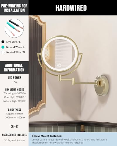 10" Brass Wall Mount Magnifying Mirror with Lights Gold | HardWired, 2 Sided LED 3 Color Touch Dimming Extended Arm 360 Rotation Retractable Cosmetic for Bathroom, Satin Brushed Gold - color: Satin Brushed Gold