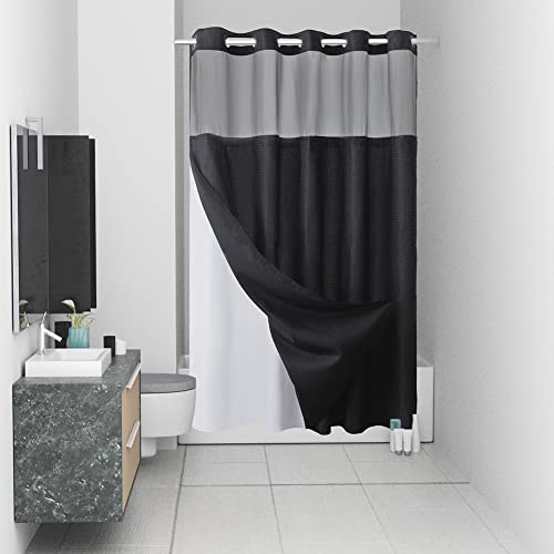 Furlinic No Hook Waffle Weave Shower Curtain with Snap in Liner Set,Heavy Duty Fabric Textured Bathroom Curtain with Sheer Window,Waterproof & Machine Washable,Black,Stall Size 54x80 Inch - color: Black, size: 54"W x 80"L (Pack of 1)