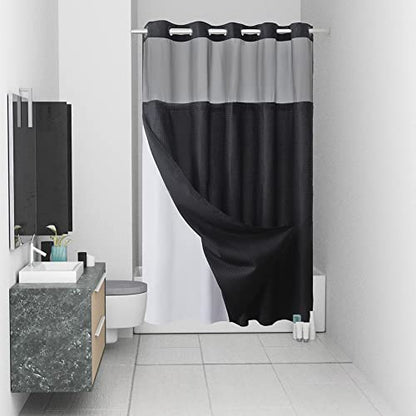 Furlinic No Hook Waffle Weave Shower Curtain with Snap in Liner Set,Heavy Duty Fabric Textured Bathroom Curtain with Sheer Window,Waterproof & Machine Washable,Black,Stall Size 54x80 Inch - color: Black, size: 54"W x 80"L (Pack of 1)