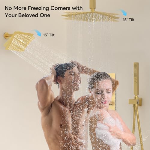 Thermostatic Dual Shower System Brushed Gold,Push Button Diverter Rainfall Shower Faucet Set with 2 in 1 Handheld Spray,12'' Ceiling Mount and 6'' Wall Mount Rainfall Shower System - color: Gold, size: 12"-2
