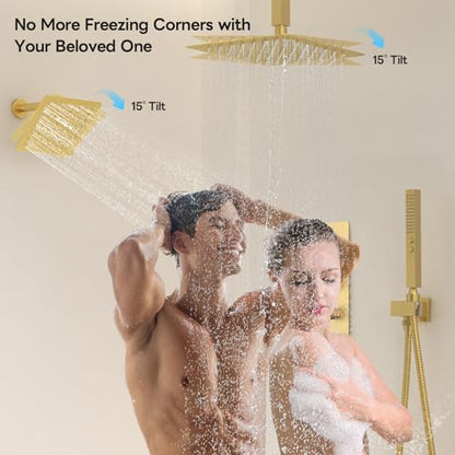 Thermostatic Dual Shower System Brushed Gold,Push Button Diverter Rainfall Shower Faucet Set with 2 in 1 Handheld Spray,12'' Ceiling Mount and 6'' Wall Mount Rainfall Shower System - color: Gold, size: 12"-2