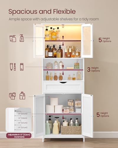 VASAGLE Storage Cabinet with LED Lights, Freestanding Storage Unit with Adjustable Shelves, Drawer, Open Compartments, for Bathroom, Living Room, Kitchen, Cloud White UBBC767WH01S - size: 11.8"D x 23.6"W x 69.9"H, style: 4 Doors + 2 Open Compartments+LED