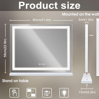 FENCHILIN Vanity Mirror with Lights 32” x 23” Hollywood Makeup Mirror with Light Strip Smart Touch Control 3 Colors Dimmable & 10X Magnification Tabletop White