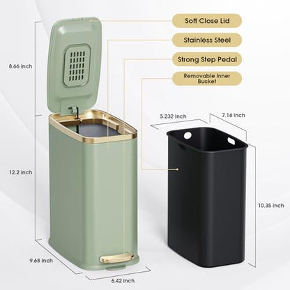 CEROELDA Small Bathroom Trash Can with Lid Soft Close-5L/1.3 Gal Slim Garbage Can-Metal Step Wastebasket-Rectangle Narrow Waste Bin for Office, Bedroom, Toilet, Live Room-Green - color: Green, size: 1.3 Gallon
