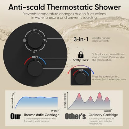 Gabrylly 10" Thermostatic Shower Faucets Set with Tub Spout, Matte Black | All Metal Shower System, Rain Shower Head with Handheld Spray Combo, Luxury Bathroom Rainfall Shower Head Set With Valve - color: Matte Black
