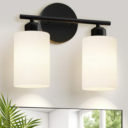 2-Light Bathroom Light Fixtures, Black Modern Vanity Lights with Milky White Frosted Glass Shades, Bathroom Wall Lamp for Kitchen Living Room Hallway - color: Milky White & Matte Black, size: 2 Light - 1 pack