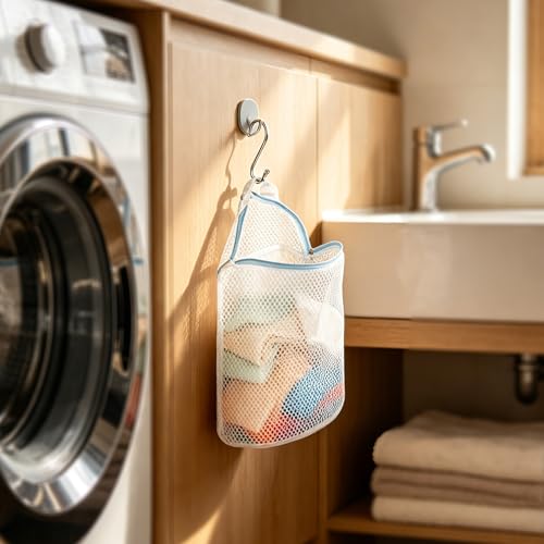 3Pcs Hanging Laundry Bags for Socks with S Hooks, 12 X 10 inch 3 Color Mesh Laundry Bags for Washing Machine