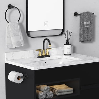 Bathroom Faucet, Hurran 4 inch Centerset 2-Handle Lead-Free, Black&Gold | Bathroom Sink Faucet with Pop-up Drain and Supply Lines, Stainless Steel Faucet for Vanity RV Restroom Laundry Outdoor Sink - color: Black& Gold
